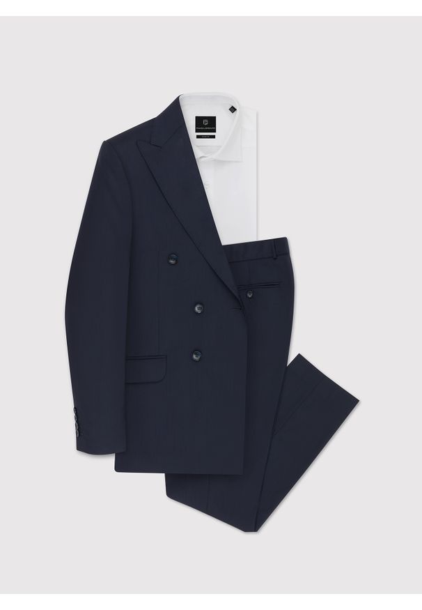 Pako Lorente - PAKO LORENTE – Granatowe spodnie męskie w kant. Kolor: niebieski. Materiał: wełna. Styl: elegancki, klasyczny