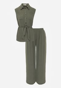 Born2be - Ciemnozielony Wiskozowy Komplet Szerokie Spodnie i Koszula Bez Rękawów z Wiązaniem Zanran. Kolor: zielony. Materiał: wiskoza #5