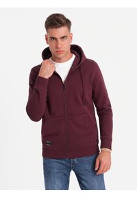 Ombre Clothing - Rozpinana męska bluza dresowa BASIC – bordowa V3 - Rozmiar: XXL. Okazja: na co dzień. Typ kołnierza: kaptur. Kolor: czerwony. Materiał: dresówka. Styl: casual