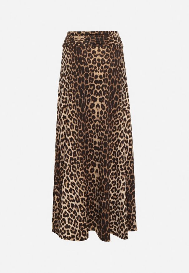 Born2be - Brązowa Spódnica o Rozkloszowanym Kroju w Panterkę z Marszczeniem w Pasie i Wysokim Stanem Namsilonne. Okazja: na co dzień. Stan: podwyższony. Kolor: brązowy. Materiał: wiskoza. Wzór: motyw zwierzęcy. Styl: klasyczny, casual