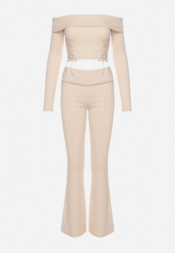 Born2be - Beżowy Bawełniany Komplet Casual z Dzwonami i Bluzką Hiszpanką z Rzemykami Ordina. Kolor: beżowy. Materiał: bawełna. Wzór: aplikacja, kolorowy