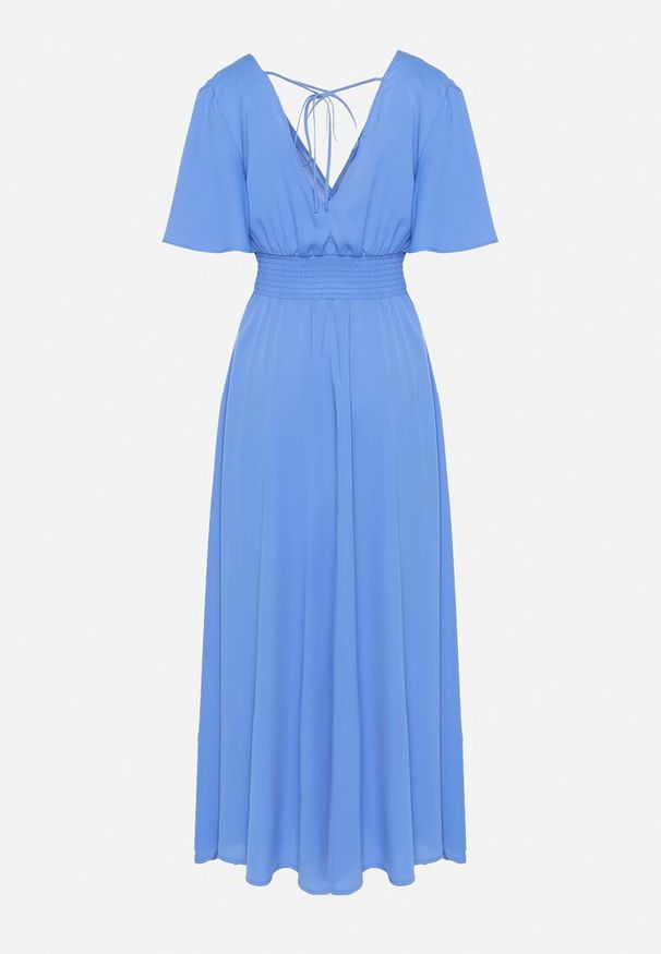 Born2be - Niebieska Sukienka z Rozkloszowanymi Rękawami Gumką w Pasie i Wiązaniem na Plecach Larielle. Okazja: na imprezę, na co dzień. Typ kołnierza: dekolt w kształcie V. Kolor: niebieski. Materiał: bawełna. Typ sukienki: proste. Styl: elegancki, casual