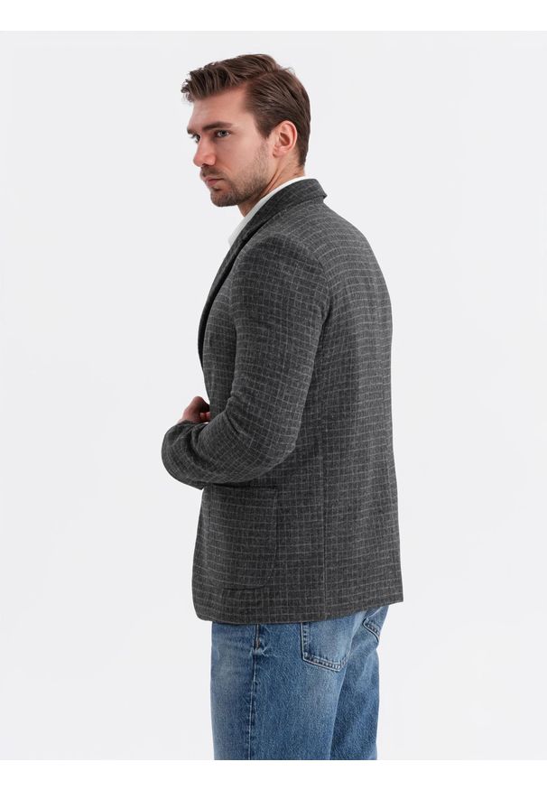 Ombre Clothing - Męska marynarka w kratę z dodatkiem wełny - grafitowa V2 OM-BLZB-0117 - XXL. Kolor: szary. Materiał: wełna