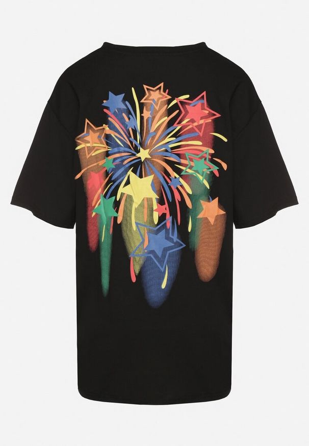 Born2be - Czarny T-shirt Oversize z Kolorowym Napisem i Gwiazdkami Iloviela. Okazja: na co dzień. Kolor: czarny. Materiał: jeans. Wzór: kolorowy, napisy. Styl: casual, sportowy, elegancki, klasyczny