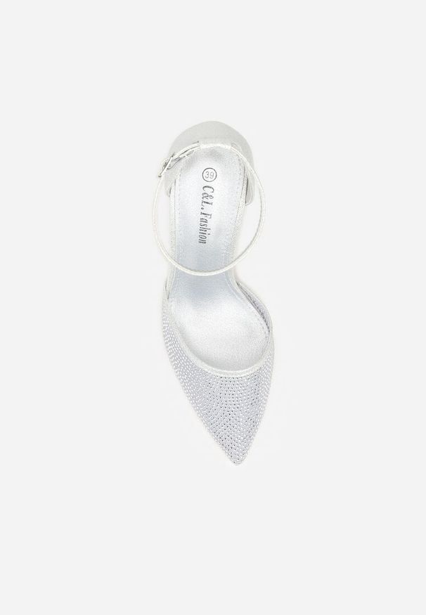 Renee - Srebrne Czółenka na Słupku z Cyrkoniami i Brokatem Myriani. Zapięcie: sprzączka. Kolor: srebrny. Obcas: na słupku. Styl: elegancki