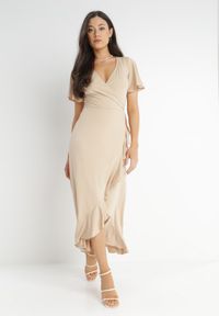 Born2be - Beżowa Sukienka Aediala. Okazja: na randkę, na co dzień, na imprezę. Kolor: beżowy. Materiał: wiskoza, tkanina. Długość rękawa: krótki rękaw. Typ sukienki: kopertowe. Styl: casual. Długość: midi #5