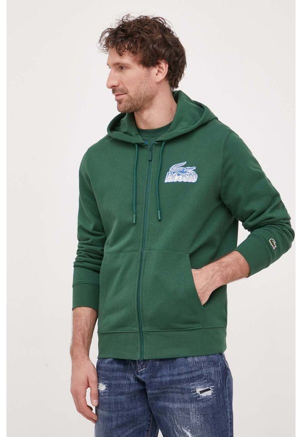Lacoste bluza bawełniana męska kolor zielony z kapturem z nadrukiem. Typ kołnierza: kaptur. Kolor: zielony. Materiał: bawełna. Wzór: nadruk