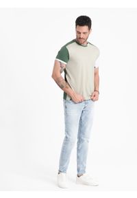 Ombre Clothing - T-shirt męski z elastanem z kolorowymi rękawami - zielony V5 OM-TSCT-0176 - XXL. Okazja: na co dzień. Kolor: zielony. Materiał: elastan. Wzór: kolorowy. Styl: casual, klasyczny #6