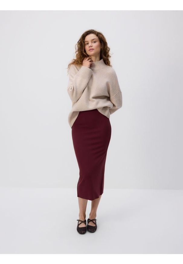 Reserved - Spódnica midi z wiskozą - bordowy. Kolor: czerwony. Materiał: wiskoza
