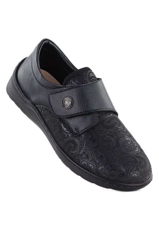 Skórzane półbuty na rzep elastyczne czarne Unisoft 8435. Zapięcie: rzepy. Kolor: czarny. Materiał: skóra