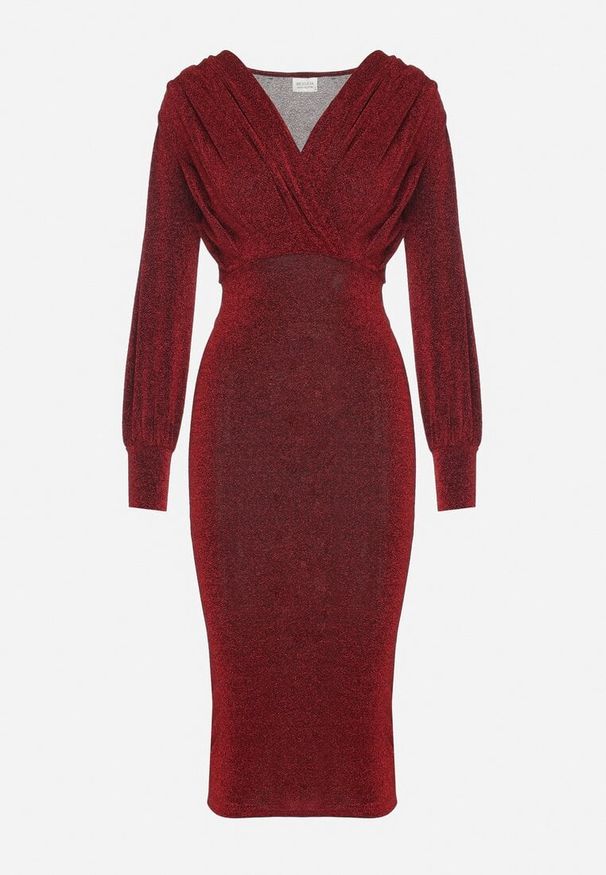 Born2be - Czerwona Dopasowana Sukienka z Kopertowym Dekoltem i Bufiastymi Rękawami Ulonissa. Kolor: czerwony. Materiał: tkanina. Typ sukienki: kopertowe. Styl: klasyczny