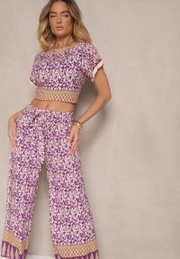 Renee - Fioletowy Komplet z Bawełny w Print Boho Szerokie Spodnie i Koszulka Telanitha. Kolor: fioletowy. Materiał: bawełna. Wzór: nadruk #3