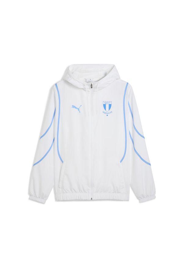 Puma - Męska tkana kurtka przedmeczowa Malmö FF PUMA White Team Light Blue. Kolor: niebieski, wielokolorowy, biały. Wzór: nadruk. Sport: piłka nożna