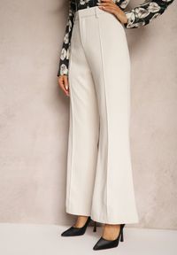 Renee - Beżowe Casualowe Spodnie w Stylu Dzwonów High Waist Uinna. Okazja: na co dzień. Stan: podwyższony. Kolor: beżowy. Styl: casual #4