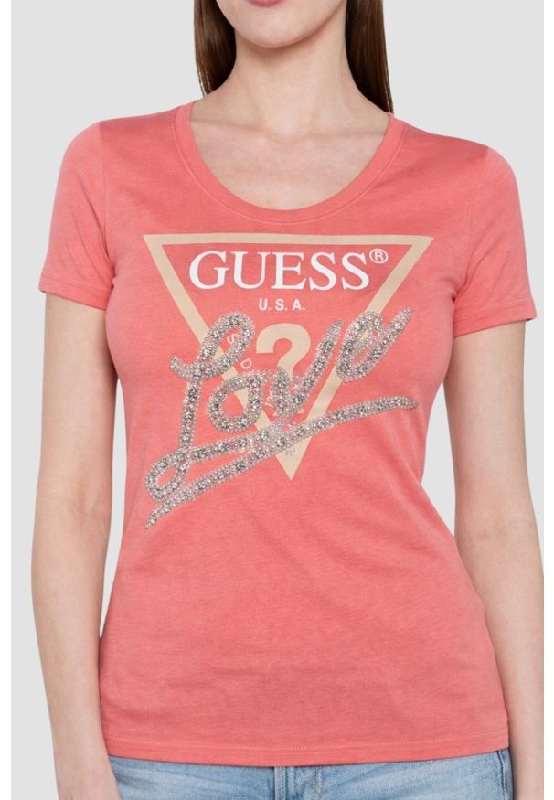 Guess - GUESS Różowy damski t-shirt Pearls Love, Rozmiar L. Kolor: różowy