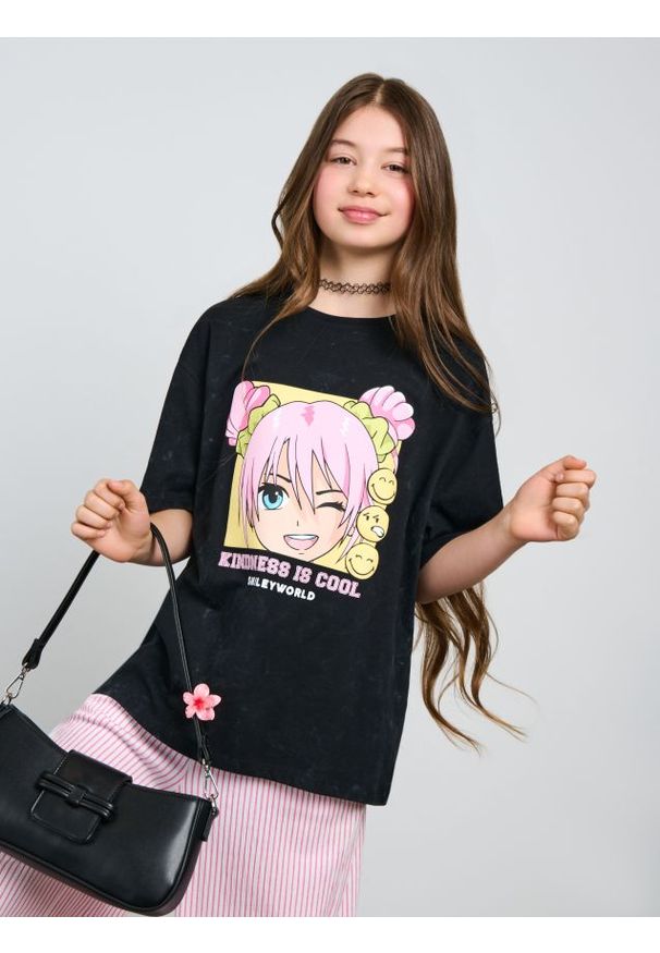 Sinsay - Koszulka z lekkim efektem sprania SmileyWorld® - czarny. Kolor: czarny