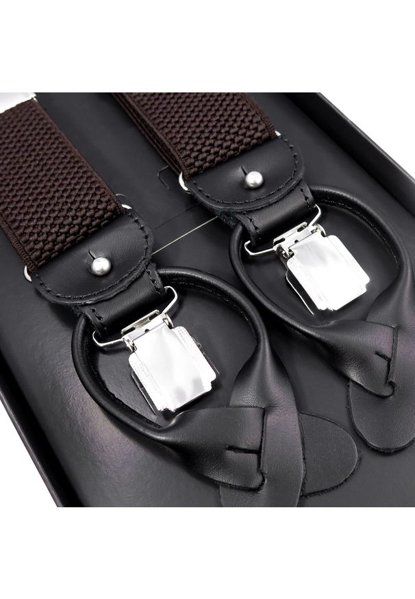 Modini - Brązowe szelki męskie na guziki G52. Kolor: brązowy. Materiał: skóra, guma