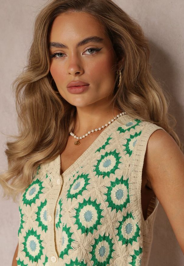 Renee - Beżowo-Zielona Bawełniana Bluzka Top w Dzianinowym Stylu Momoi. Kolor: beżowy. Materiał: dzianina, bawełna. Długość rękawa: bez rękawów. Wzór: kwiaty
