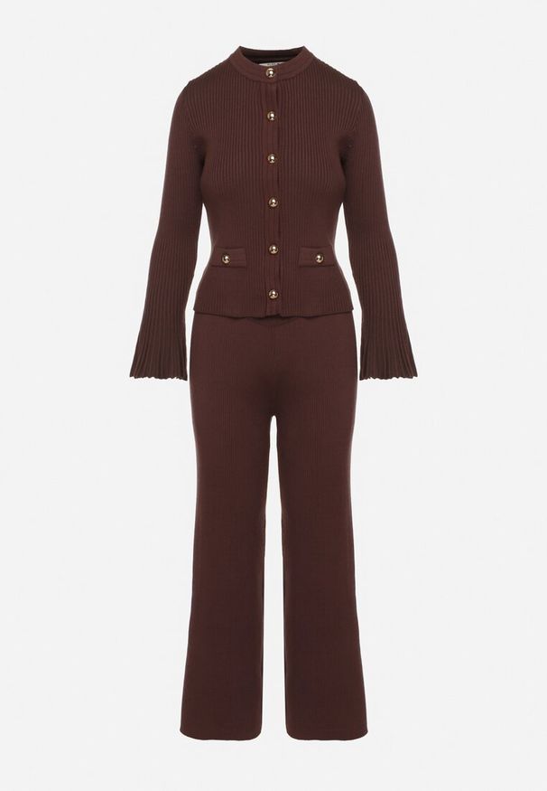 Born2be - Brązowy Dzianinowy Komplet z Wiskozą Kardigan i Szerokie Spodnie Conella. Kolor: brązowy. Materiał: wiskoza, dzianina