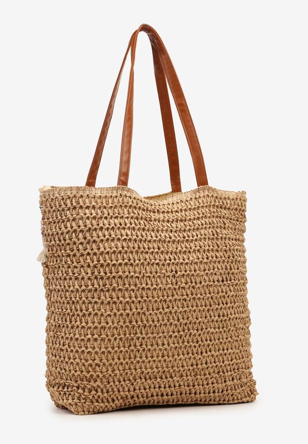 Born2be - Brązowa Torebka Shopperka Wykończona Plecionką i Frędzlami w Stylu Boho Rivaniane. Kolor: brązowy. Wzór: aplikacja. Dodatki: z frędzlami. Styl: boho