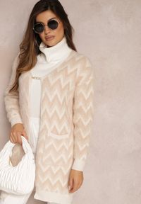 Renee - Beżowy Niezapinany Kardigan o Przedłużonym Fasonie w Zygzaki Chevron Oherna. Kolor: beżowy. Materiał: tkanina. Długość: długie. Wzór: paski #4