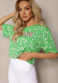 Renee - Zielony Oversize T-shirt Krótki z Bawełny Ozdobiony Napisem i Printem Dawene. Okazja: na co dzień. Kolor: zielony. Materiał: bawełna. Długość: krótkie. Wzór: aplikacja, napisy, nadruk. Styl: casual #5