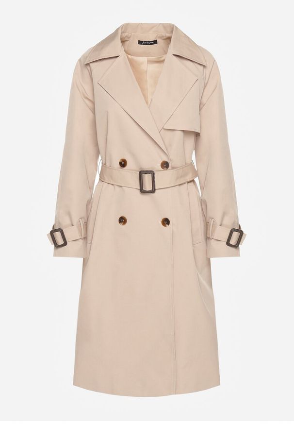 Renee - Beżowy Dwurzędowy Płaszcz Trencz z Paskiem Ninnolia. Okazja: do pracy, na spacer. Kolor: beżowy. Materiał: jeans. Wzór: aplikacja. Styl: klasyczny, elegancki