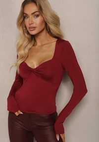 Renee - Bordowa Bluzka Astesilea. Kolor: czerwony. Materiał: dzianina, skóra, jeans. Długość: długie. Wzór: jednolity #4
