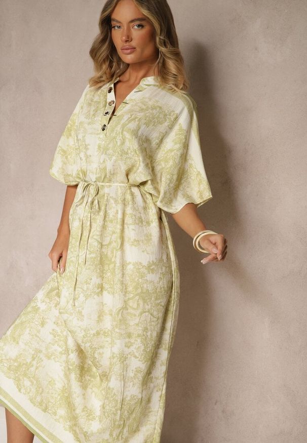 Renee - Zielona Sukienka Oversize z Wiskozą i Abstrakcyjnym Motywem Lunisana. Okazja: na co dzień. Kolor: zielony. Materiał: wiskoza. Typ sukienki: oversize. Styl: elegancki, casual
