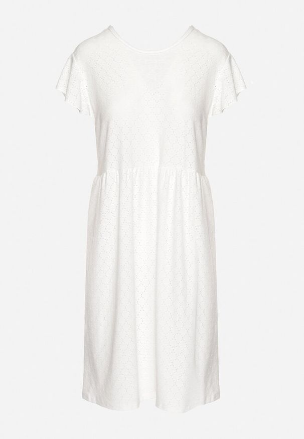 Born2be - Biała Sukienka Rozkloszowana z Wiązaniem na Plecach o Ażurowym Wykończeniu Floranella. Kolor: biały. Długość rękawa: krótki rękaw. Wzór: ażurowy. Sezon: lato. Styl: klasyczny