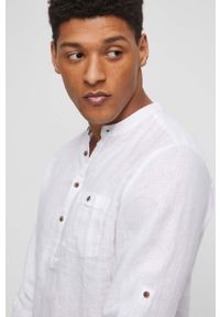 medicine - Medicine koszula lniana męska kolor biały regular ze stójką. Typ kołnierza: kołnierzyk stójkowy. Kolor: biały. Materiał: len. Długość rękawa: długi rękaw. Długość: krótkie. Wzór: gładki #4