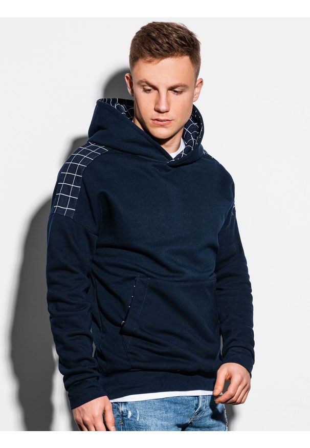 Niebieska bluza Ombre Clothing w kratkę, z kapturem