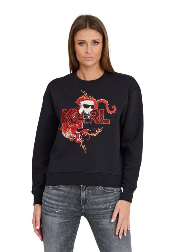 Karl Lagerfeld - KARL LAGERFELD Czarna damska bluza ikonik lny, Rozmiar XS. Kolor: czarny. Materiał: len. Wzór: haft