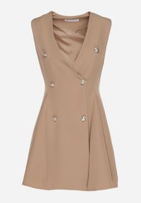 Born2be - Ciemnobeżowa Sukienka Rozkloszowana Ozdobiona Guzikami Pallisna. Kolor: beżowy. Materiał: materiał. Wzór: aplikacja. Typ sukienki: rozkloszowane. Styl: klasyczny, elegancki #7