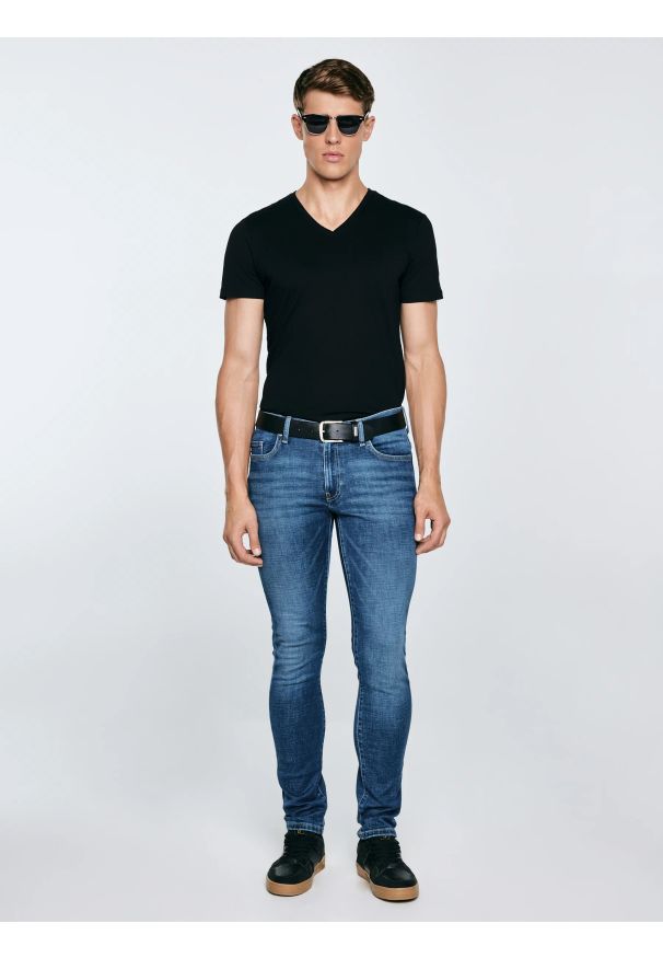 Big-Star - Jeansy męskie skinny z przetarciami niebieskie Jeffray 366. Okazja: na co dzień. Stan: obniżony. Kolor: niebieski. Styl: casual, klasyczny, elegancki