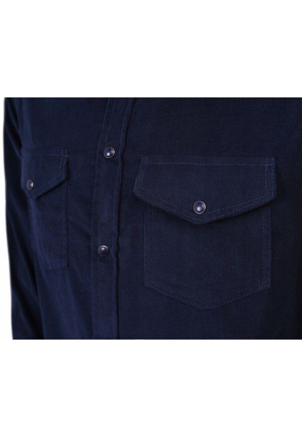Wygodna Koszula z Delikatnego Sztruksu - Pako Jeans - Granatowa. Okazja: na co dzień. Kolor: niebieski. Materiał: bawełna. Styl: casual