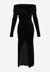 Renee - Czarna Sukienka z Weluru VICES Off Shoulder z Rozcięciem Elinesh. Okazja: na studniówkę, na randkę, na ślub cywilny, na wesele. Kolor: czarny. Materiał: welur #3