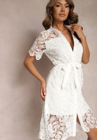 Renee - Biała Koronkowa Sukienka Koszulowa Midi z Paskiem Azariela. Kolor: biały. Materiał: koronka. Typ sukienki: koszulowe. Długość: midi #4