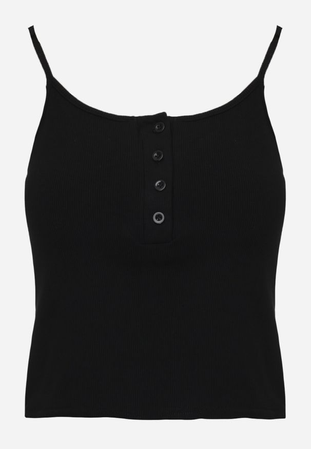 Born2be - Czarny Top na Ramiączkach z Prążkowanej Tkaniny z Bawełny z Guzikami Bermisa. Okazja: na co dzień. Kolor: czarny. Materiał: prążkowany, bawełna, tkanina. Długość rękawa: na ramiączkach. Styl: casual, elegancki