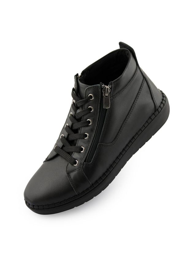 ENELL - Damskie skórzane sneakersy Nell 7026 - Elegancja i komfort. Kolor: czarny. Materiał: skóra. Sport: turystyka piesza