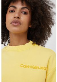 Calvin Klein Jeans bluza bawełniana damska kolor żółty z aplikacją. Kolor: żółty. Materiał: bawełna. Długość rękawa: długi rękaw. Długość: długie. Wzór: aplikacja