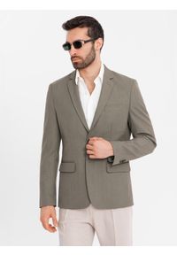 Ombre Clothing - Męska elegancka marynarka SLIM FIT z rayonem – oliwkowa V5 - Rozmiar: M. Kolor: oliwkowy. Materiał: tkanina, poliester, materiał. Wzór: ze splotem. Styl: elegancki #12