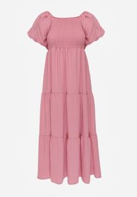 Born2be - Różowa Wiskozowa Sukienka z Bufiastymi Rękawami i Marszczoną Górą Liones. Okazja: na co dzień. Kolor: różowy. Materiał: wiskoza. Długość rękawa: krótki rękaw. Sezon: lato. Typ sukienki: proste. Styl: wakacyjny, casual #6