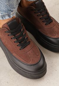 Renee - Brązowe Sneakersy VICES na Platformie z Ozdobnym Noskiem Attis. Nosek buta: okrągły. Zapięcie: sznurówki. Kolor: brązowy. Materiał: skóra, zamsz. Obcas: na platformie. Wysokość obcasa: średni #9