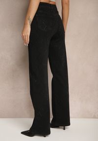 Renee - Czarne Szerokie Jeansy z Bawełną High Waist z Cyrkoniami Aslevia. Okazja: na co dzień. Stan: podwyższony. Kolor: czarny. Wzór: aplikacja. Styl: elegancki, casual