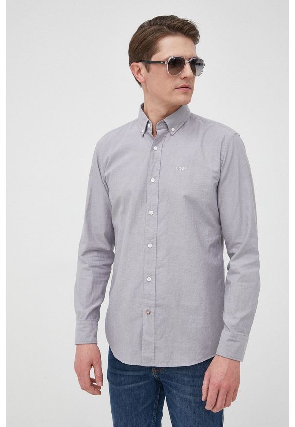 BOSS koszula bawełniana męska kolor szary slim z kołnierzykiem button-down. Typ kołnierza: button down. Kolor: szary. Materiał: bawełna