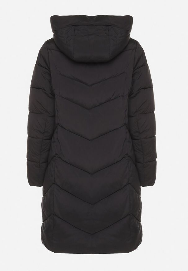 Born2be - Czarna Długa Kurtka Pikowana z Kapturem i Ozdobnymi Suwakami Hediella. Okazja: na co dzień. Typ kołnierza: kaptur. Kolor: czarny. Materiał: dzianina, jeans. Długość: długie. Styl: klasyczny, casual, elegancki