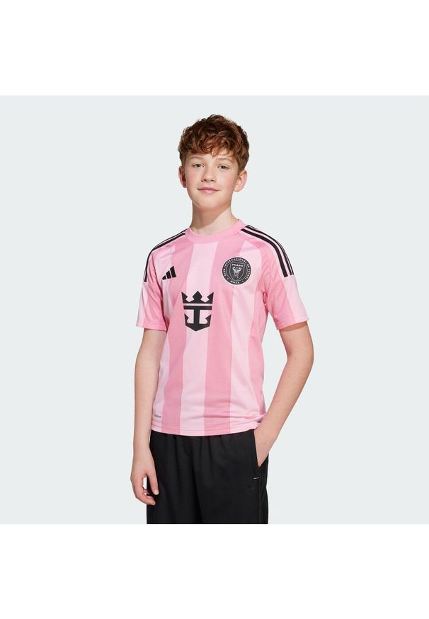 Adidas - Koszulka Inter Miami CF 25/26 Home Kids. Kolor: różowy. Materiał: materiał. Wzór: paski. Sport: piłka nożna