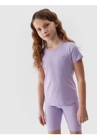 4f - 4F T-shirt gładki dziewczęcy - fioletowy 158 (12-13 lat). Okazja: na co dzień. Kolor: fioletowy. Materiał: bawełna, jersey, dzianina. Długość rękawa: krótki rękaw. Długość: krótkie. Wzór: gładki. Sezon: lato. Styl: sportowy, casual