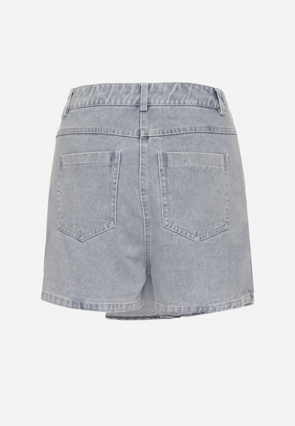 Born2be - Jasnoniebieskie Jeansowe Spódnico-Szorty o Asymetrycznym Kroju z Ozdobnymi Przeszyciami Lisarennea. Okazja: na co dzień. Kolor: niebieski. Materiał: jeans. Styl: sportowy, elegancki, casual